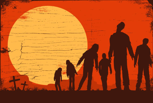 ilustraciones, imágenes clip art, dibujos animados e iconos de stock de silueta de zombis caminando al cementerio, ilustración vectorial - celebration silhouette back lit sunrise