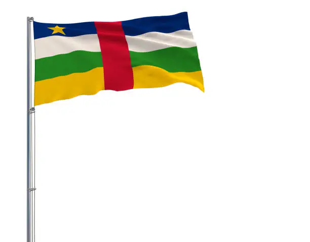 Isolate flag of Central African Republic on a flagpole fluttering in the wind on a white background, 3d rendering