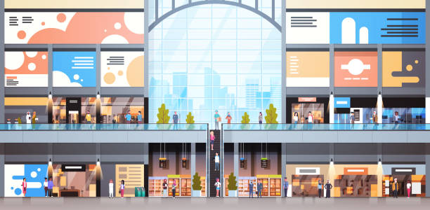 ilustraciones, imágenes clip art, dibujos animados e iconos de stock de interior del moderno centro comercial con tienda grande muchas de las personas - store indoors design advertisement