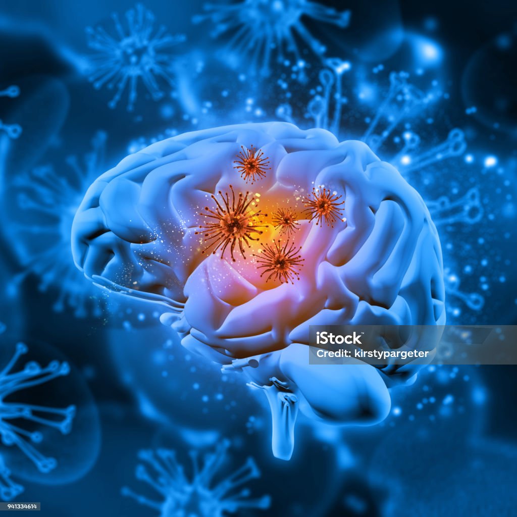 3D medical background with virus cells attacking the brain 3D render of a medical background with virus cells attacking the brain Dementia Stock Photo