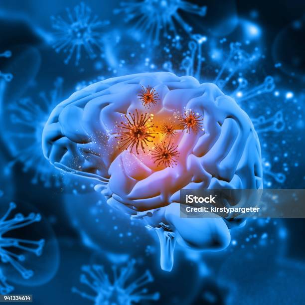 3d Medical Background With Virus Cells Attacking The Brain Stock Photo - Download Image Now