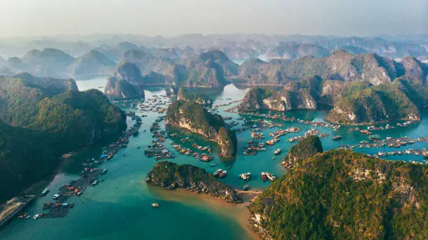 Scenic aerial view of Halong Bay in Vietnam  at sunset