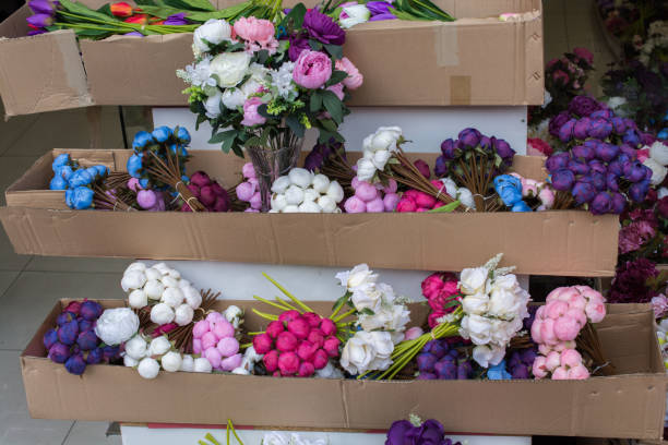 Plastic unreal fake flowers colourful flowers