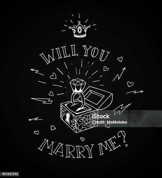 Dead Man Chest Whit A Wedding Rind With Diamond And Shiny Crown Will You Marry Me Design In Traditional Tattoo Style Vector Illustration Stock Illustration - Download Image Now