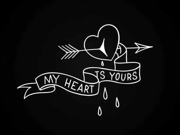 Vector illustration of Broken heart with arrow through it and blood drops. Old school tattoo design aboul love. Vector illustration