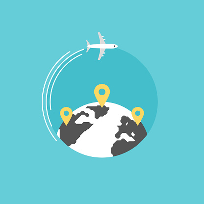 Around the world travelling by plane, airplane trip in various country, travel pin location on a global map. Flat icon modern design style vector illustration concept.