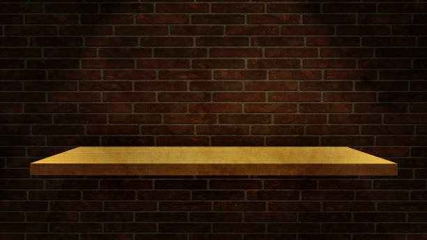 istock 3D wood shelf on a grunge brick wall 941337730