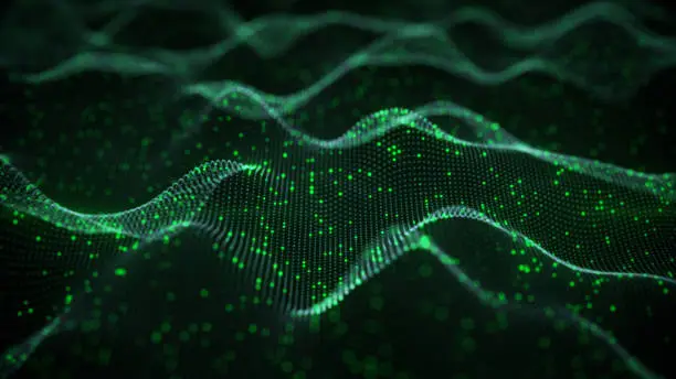 Glowing green neural network. Futuristic Infrormation Technology or Artificial Intelligence concept. Computer generated 3D rendering with DOF