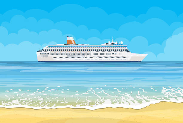 ilustrações de stock, clip art, desenhos animados e ícones de paradise beach of the sea with cruise ship - cruise travel beach bay