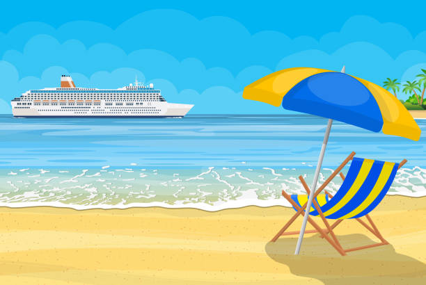 ilustrações de stock, clip art, desenhos animados e ícones de landscape of wooden chaise lounge, - cruise travel beach bay