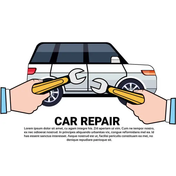 Vector illustration of Car Service And Repair Concept With Hand Holding Wrench Over Vehicle On Background Witn Copy Space