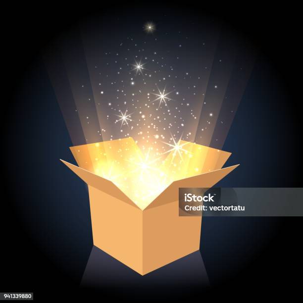 Magic Cardboard Box With Light Stock Illustration - Download Image Now - Box - Container, Mystery, Gift