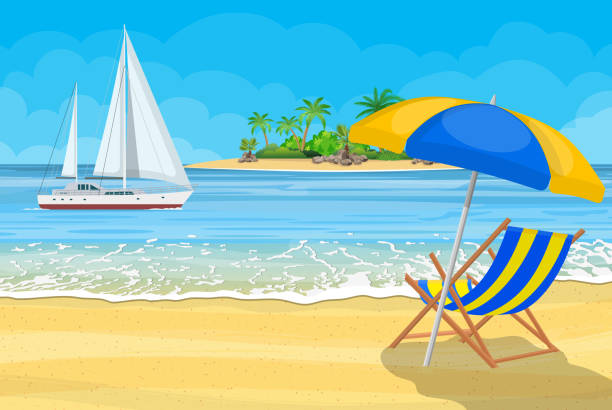 ilustrações de stock, clip art, desenhos animados e ícones de paradise beach of the sea with yachts - cruise travel beach bay