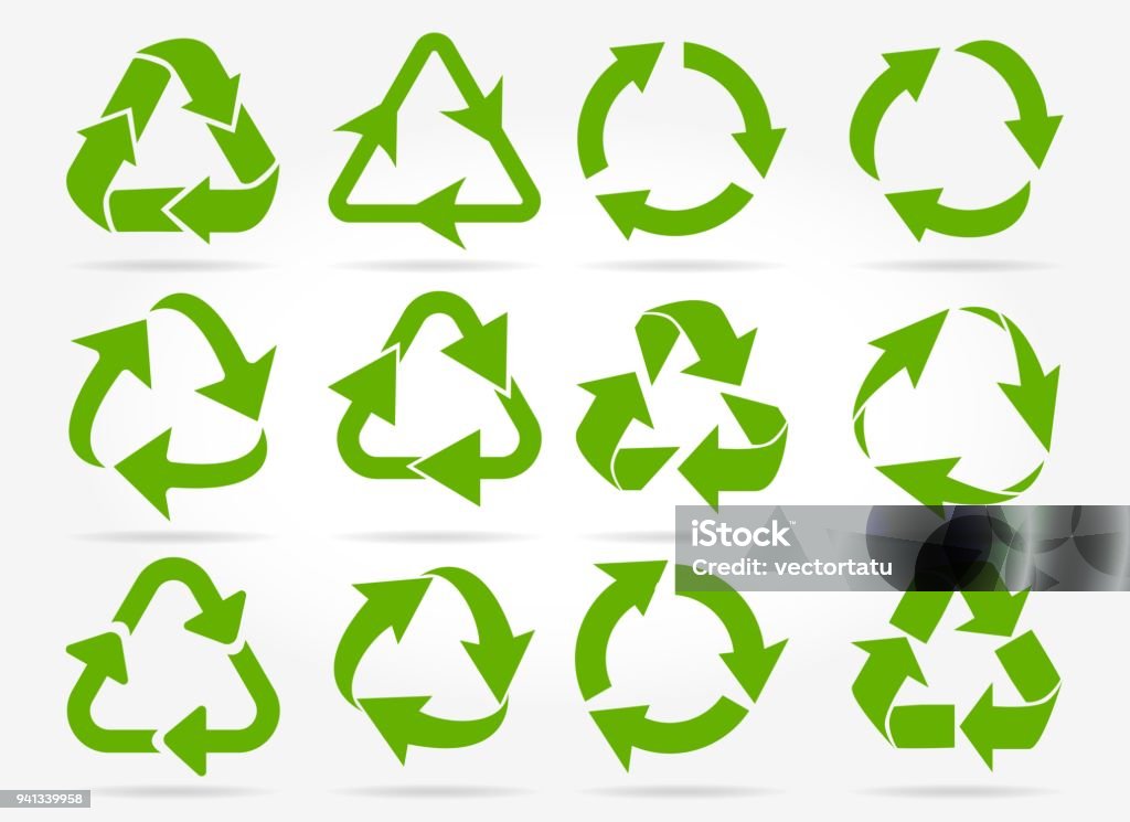 Green recycle arrow icons Recycled arrows. Green reusable arrow icons, eco recycle or recycling vector signs isolated on white background Recycling stock vector