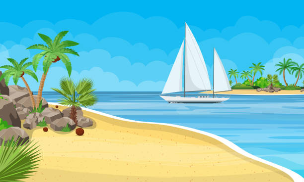 ilustrações de stock, clip art, desenhos animados e ícones de paradise beach of the sea with yachts - cruise travel beach bay