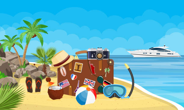 ilustrações, clipart, desenhos animados e ícones de vintage velha mala de viagem na praia. - cruise travel beach bay