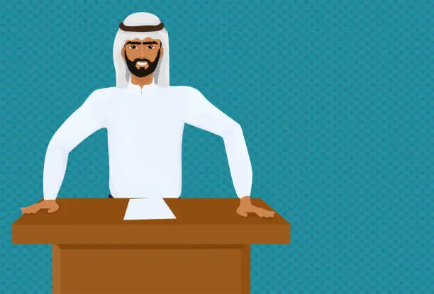 Vector illustration of Arab Business Man Or Politician Leading Speech On Conference Or Meeting Presentation Standing At Tribune