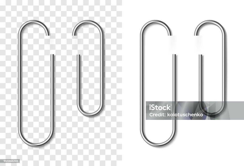 Set of silver metallic realistic paper clip Set of silver metallic realistic paper clip on white and transparent background. Paperclips with soft shadow. Template for your design Paper Clip stock vector