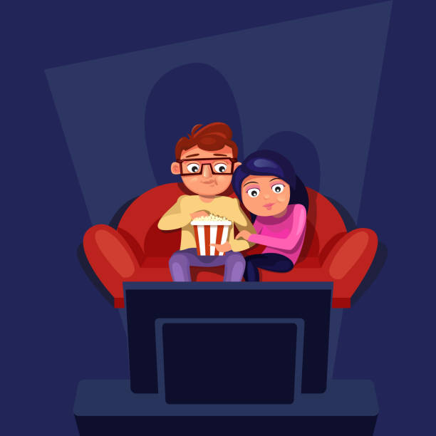 ilustrações de stock, clip art, desenhos animados e ícones de couple sitting at couch watch tv eating popcorn - apartment television family couple