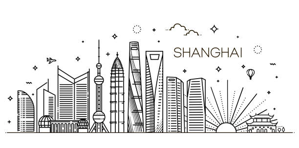 ilustraciones, imágenes clip art, dibujos animados e iconos de stock de ilustración de arquitectura línea skyline de shanghai. paisaje urbano vector lineal con famosos - shanghái