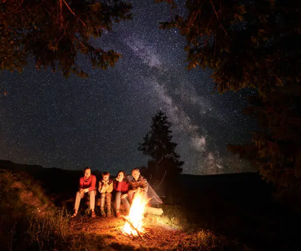 Photo of Tourists sit on log by fire under fir trees on the background of sky strewn with stars