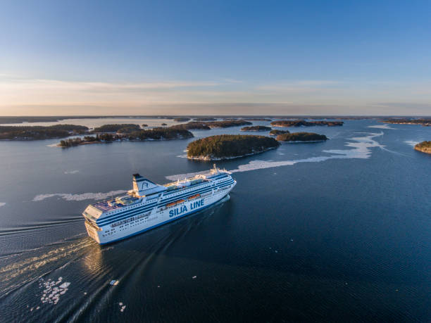 aerial view of silja symphony cruise ship - stockholm sweden sea winter imagens e fotografias de stock