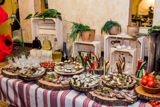 istock holiday buffet table served by different canape, sandwiches, snacks ready for eating in restaurant. Traditional Ukrainian food 941353130