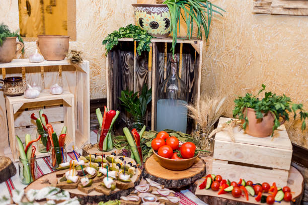 istock holiday buffet table served by different canape, sandwiches, snacks ready for eating in restaurant. Traditional Ukrainian food 941355762