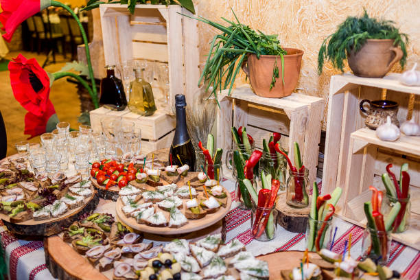 istock holiday buffet table served by different canape, sandwiches, snacks ready for eating in restaurant. Traditional Ukrainian food 941355856
