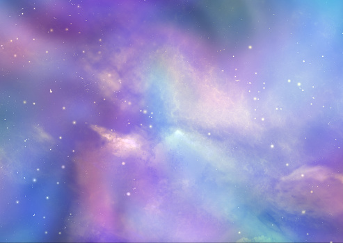 Pink and blue deep space background with many stars, planets and cloud formations