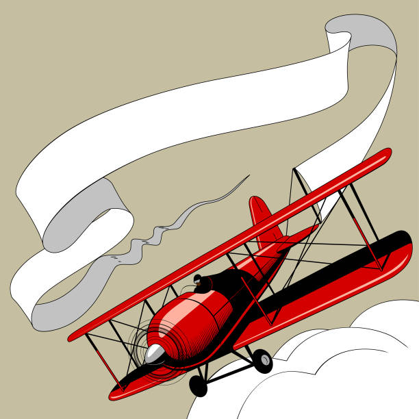 하늘에 리본 배너와 함께 레트로 빨간 비행기 - airplane banner biplane retro revival stock illustrations