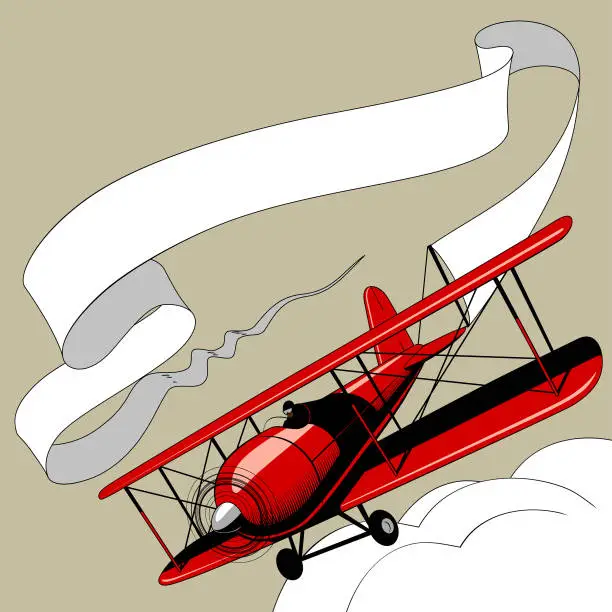 Vector illustration of Retro red airplane with the ribbon banner in the sky