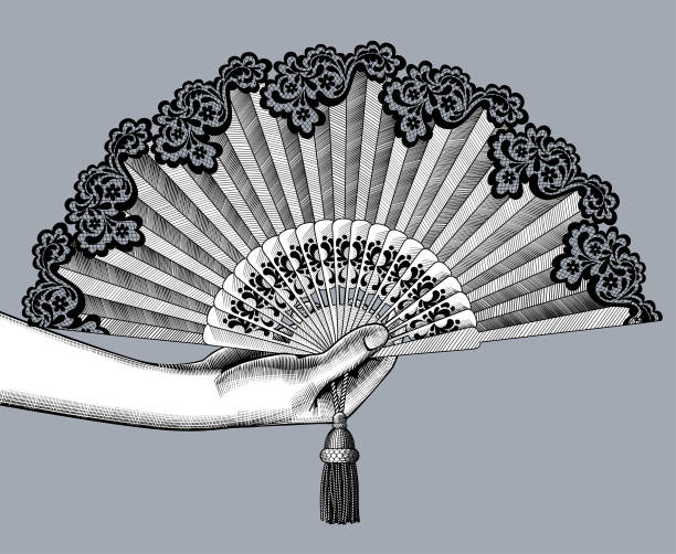 Female hand with open fan Female hand with open fan. Vintage engraving stylized drawing. Vector illustration vintage fan stock illustrations