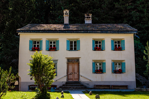 Sils Maria, Switzerland - AUTUST 7 2016 : The Nietzsche-House in Sils Maria in the upper engadine near St. Moritz.\nFriedrich Nietzsche spent 7 summers (1881 & 1883-1888) in this house.