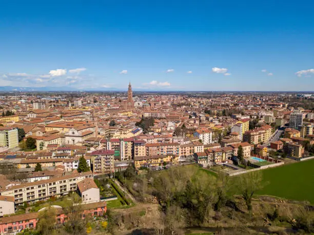 Photo of Aerial view of the city of Cremona, Lombardy, Italy. Cathedral and Torrazzo of Cremona. Europe