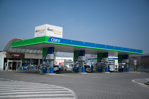 Nitra, Slovakia, march 28, 2018: OMV petrol filling station. OMV was founded in 1956 and is the largest oil industry company in Austria