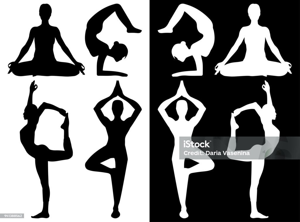 Woman practicing yoga icons A woman performing various yoga poses in silhouette. Yoga stock vector