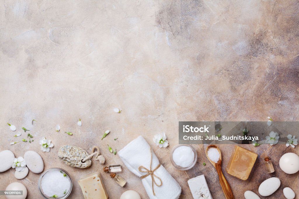 Beauty and spa supplies for body care and relaxation background. Flat lay. Top view. Beauty and spa supplies for body care and relaxation background. Flat lay. Top view. Copy space for text. Spa Stock Photo