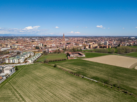 Aerial view of the city of Cremona, Lombardy, Italy. Cathedral and Torrazzo of Cremona, the tallest bell tower in Italy 112 meters high