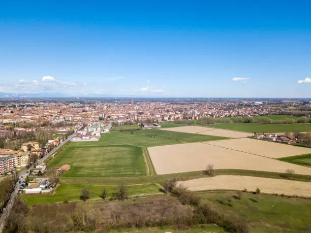 Photo of Aerial view of the city of Cremona, Lombardy, Italy. Cathedral and Torrazzo of Cremona. Europe