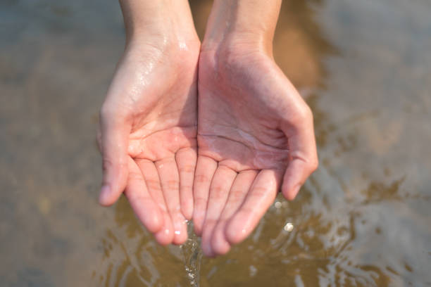 istock Close up hand hold Water liquid on river 941395830