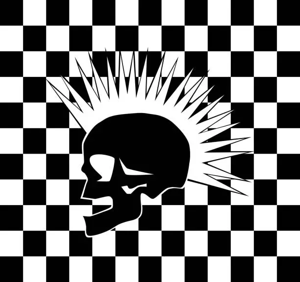 Vector illustration of Punk skull on the black and white background