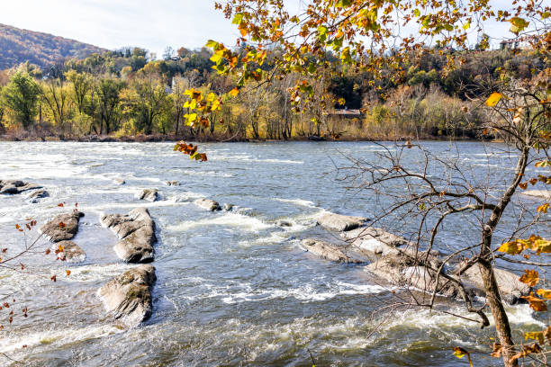 agrandi de ferry bleu de la rivière potomac harper riverside avec feuillage jaune orange automne automne coloré par la ville de petit village en virginie-occidentale, wv - rapid appalachian mountains autumn water photos et images de collection