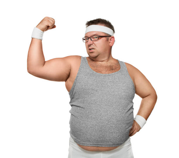 divertente uomo in sovrappeso che mostra muscoli - bicep human arm macho flexing muscles foto e immagini stock