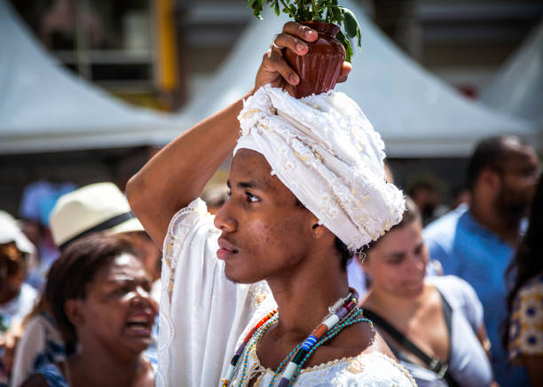 Campinas, SP/Brazil - April 1 2018: practicioners of afro-brazilian religions perform a cleansing ritual during easter cerimonies