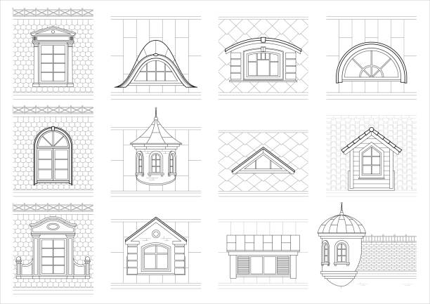 Set classic attic windows for facade A set of classic mansard facade windows. Pediments. Attics. Silhouettes of city roofs gable stock illustrations