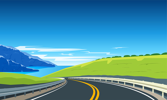Highway with mountains and blue sea. Road trip banner. Vector Illustration