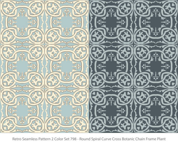 istock Retro Seamless Pattern 2 Color Set Round Spiral Curve Cross Botanic Chain Frame Plant 941407142