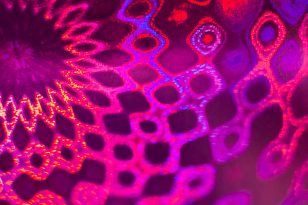 Close-up circular bright iridescent pattern similar lace on purple holographic paper. Soft focus.