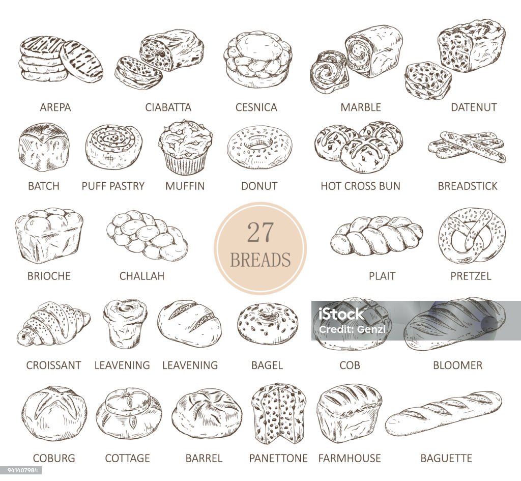 Isolated sketches of bread types - Royalty-free Pão arte vetorial